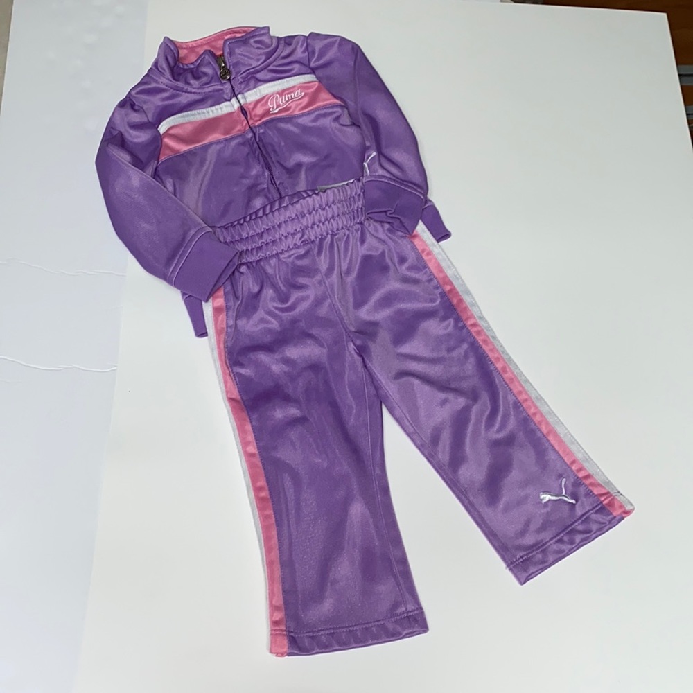 12M 2pc Puma track suit, purple pink and white zipper front top with pockets